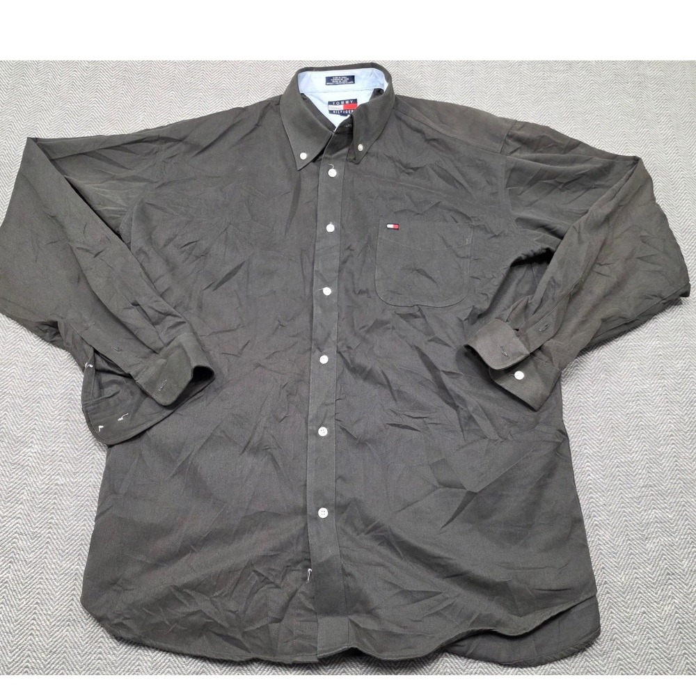 Tommy Hilfiger Mens XL Long Sleeve Button Down Shirt Charcoal Grey Cotton Logo